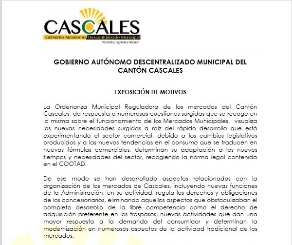 ORDENANZA QUE REGULA EL USO, FUNCIONAMIENTO Y ADMINISTRACIÓN DE LOS MERCADOS MUNICIPALES Y DE LAS FERIAS LIBRES EN EL CANTÓN CASCALES