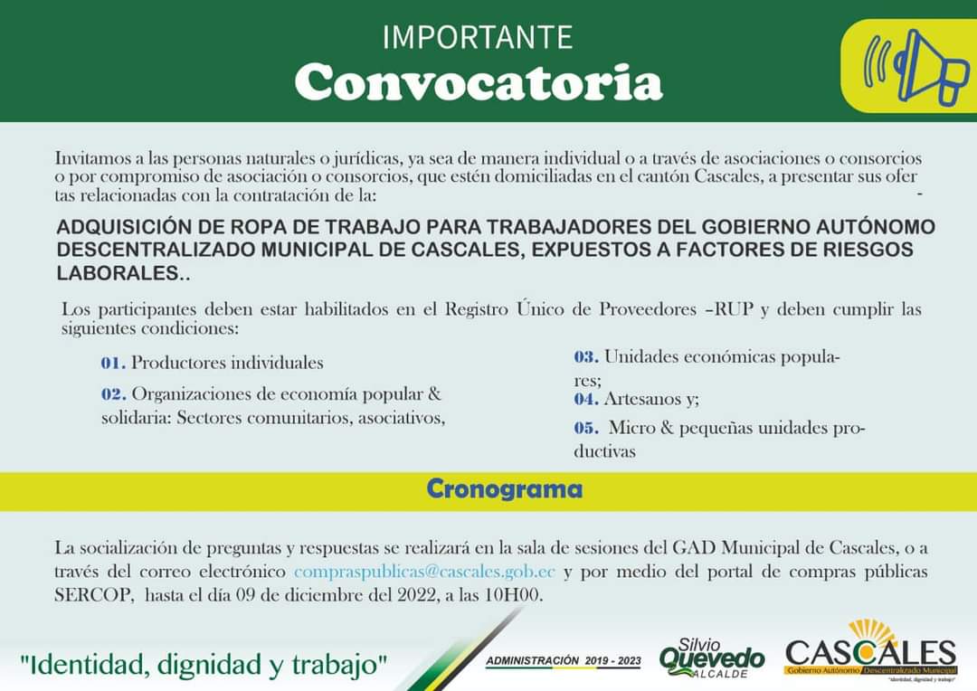 ADQUISICIÓN Y DOTACIÓN DE UNIFORMES PARA LAS Y LOS SERVIDORES PÚBLICOS DEL GAD MUNICIPAL DE CASCALES BAJO REGIMEN LABORAL CODIGO DEL TRABAJO