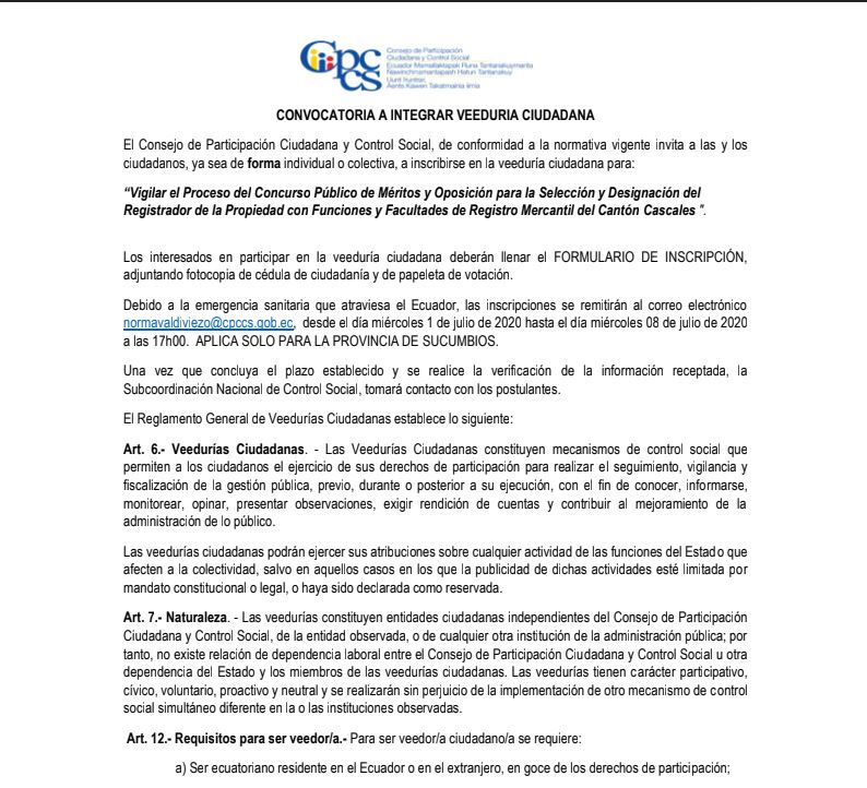 CONVOCATORIA A INTEGRAR VEEDURIA CIUDADANA
